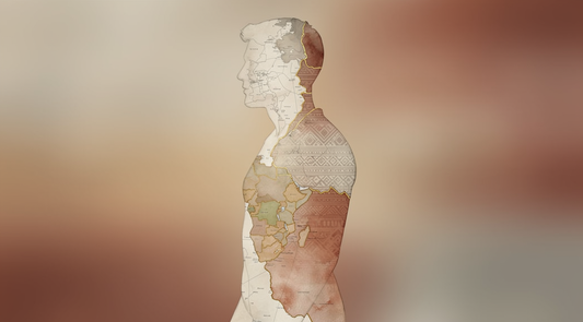Portrait artistique fusionnant paysages d'origine et famille multiculturelle