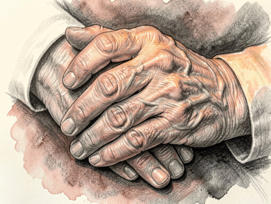 Un portrait artistique de mains ridées, symbole de sagesse et d'amour transmis.