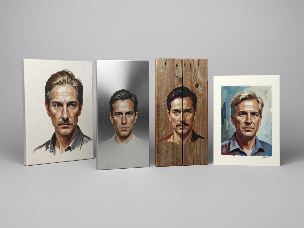 Tableau personnalisé sur différents supports : toile, poster, métal et bois dans un intérieur moderne et chaleureux