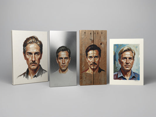 Tableau personnalisé sur différents supports : toile, poster, métal et bois dans un intérieur moderne et chaleureux