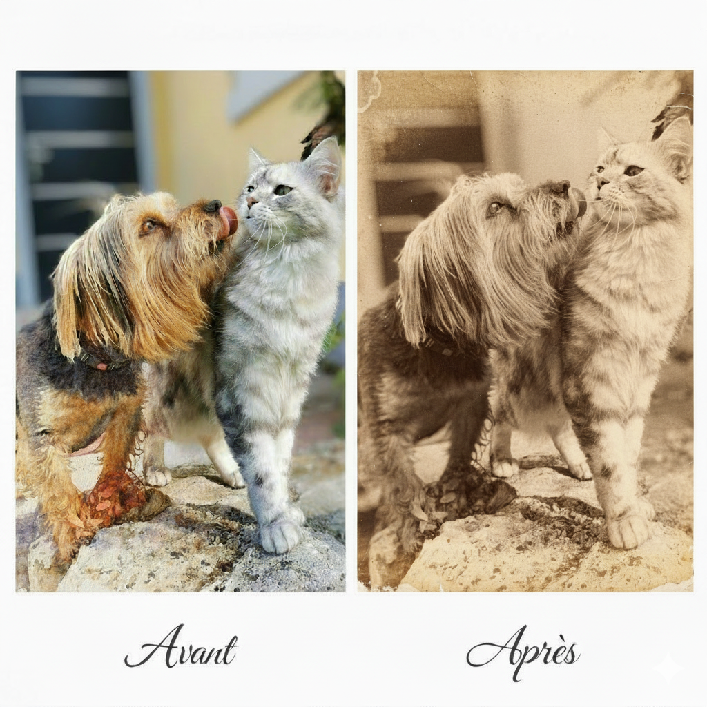 Transformation photo numérique effet sépia vintage années 1940