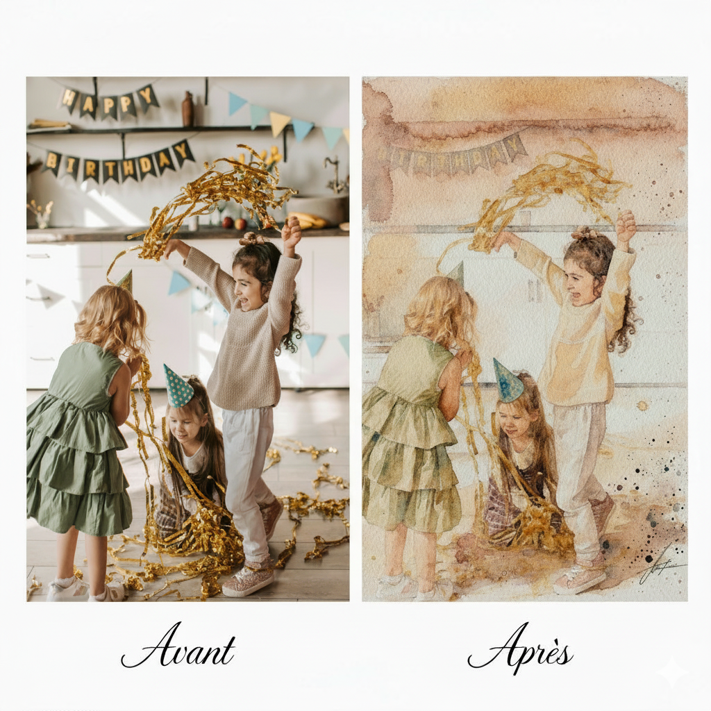 Aquarelle personnalisée transformant vos souvenirs en art