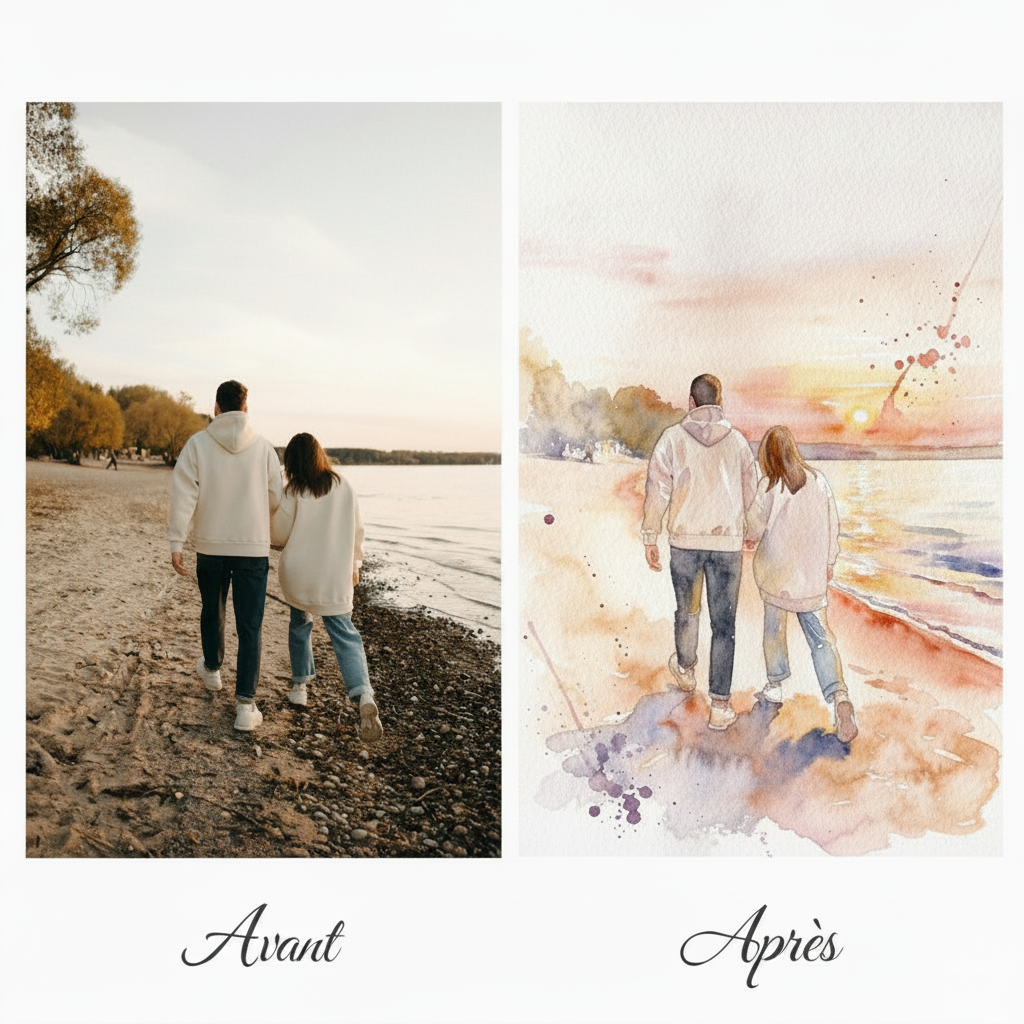 Aquarelle numérique personnalisée transformant vos souvenirs en art